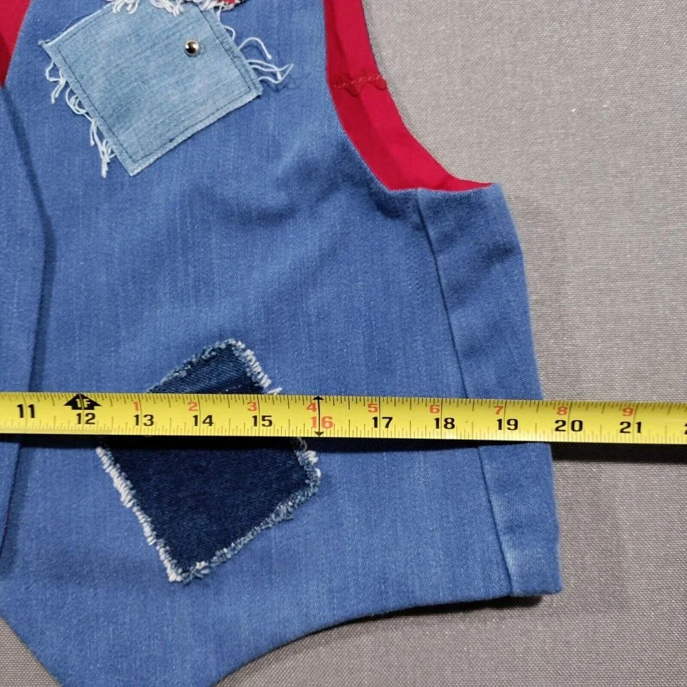 Vtg Handmade Denim Patchwork Vest Large Bandana Print Concho Lined